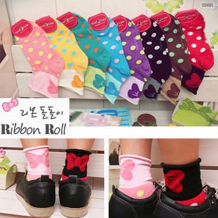 Min Order $10(mixed order)Cute oversized bow wave point Ladies Cotton Socks WHOLESALE FREE SHIPPING