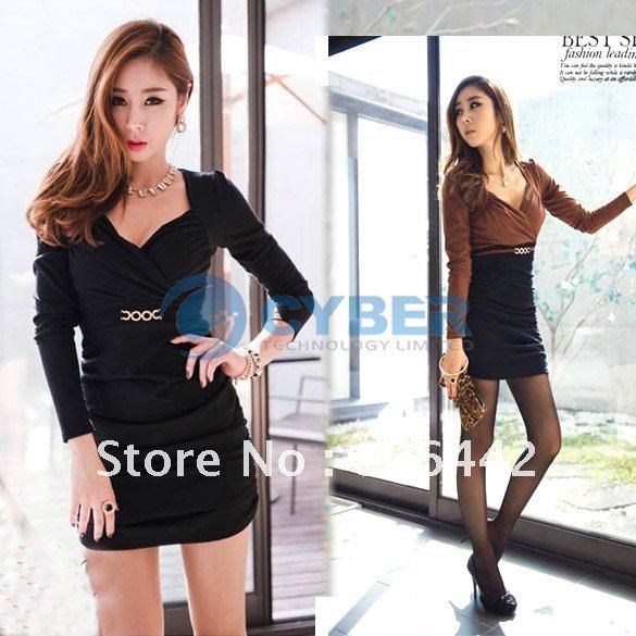 Mini Korea Women's Slim Sexy V-Neck Cotton Long Sleeve Dress 2 Colors Free Shipping