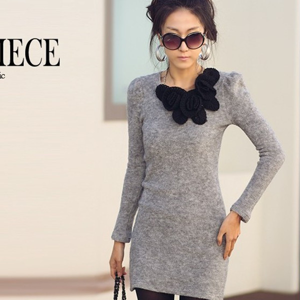 Mini Long Sleeve  Sweater Butterfly Flower Woollen Short Skirt Dress drop shipping Free shipping  W1307