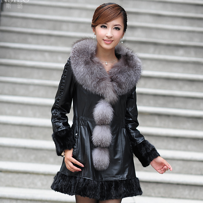 Mink fur one piece 2013 women's fox fur coat s8020 black/brown long elegant ladies leather overcoat ems free shipping big neck