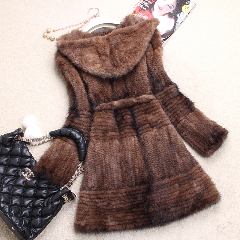 Mink knitted fur coat long design mink clothes fur overcoat hooded women's