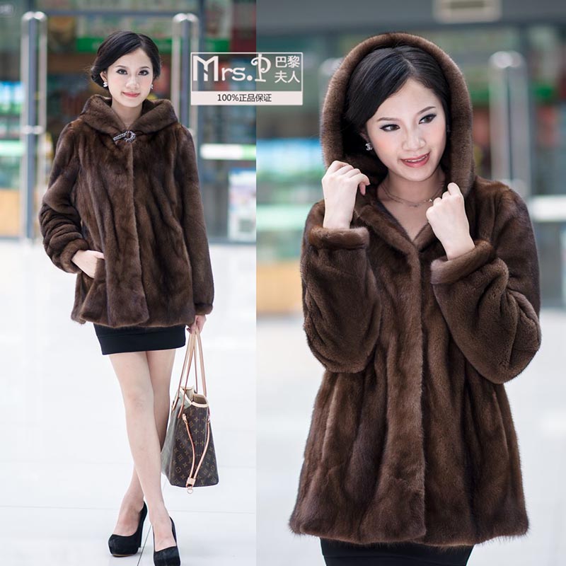 Mink marten fur coat overcoat saga hooded Women