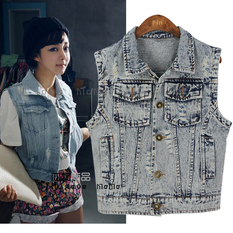 Miss lady vintage water wash hole denim vest female slim denim outerwear top jeans vest