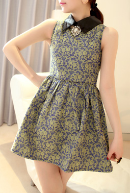 Miss ! wind elegant collar leather sleeveless lace decorative pattern one-piece dress