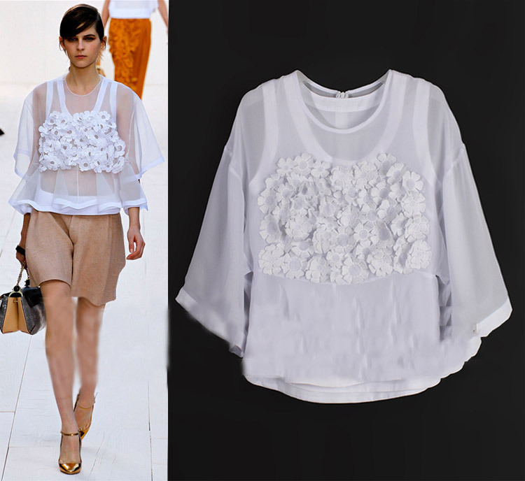 Missexy 2013 Spring/Summer High Fashion Appliques Batwing Sleeve Chiffon Blouse Fashion Tops SS12589