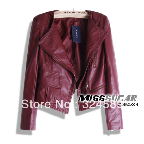 Misssugar fashion soft leather women's motorcycle o-neck short design slim small leather clothing jacket