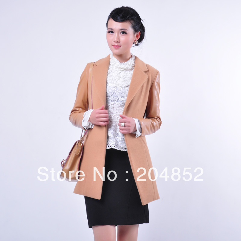 Mistic women's new fashion Suit collar one button medium-long faux leather patchwork outwear overcoat coat