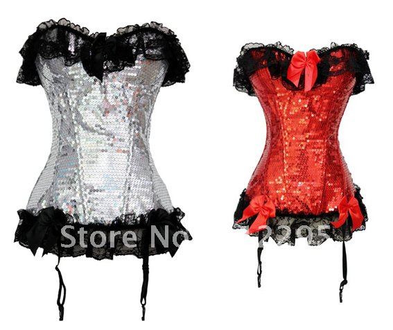 Mixed Colors S,M,L,XL,XXL 5pcs/lot Fashion Sexy Sequin Lace Burlesque Corsets With Thong,High Qualtiy!