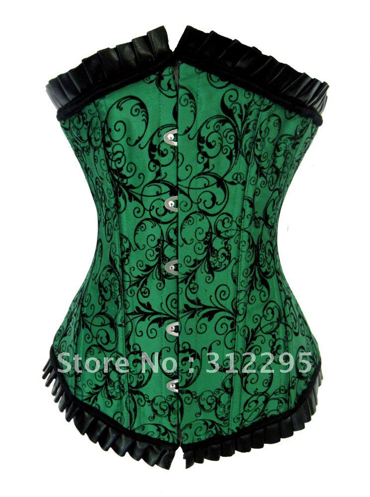 Mixed S,M,L,XL,XXL 5pcs/lot Fashion Sexy Green Ruffled Underbust Corsets With Thong,High Qualtiy!