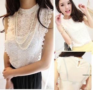 MM FASHION 2013 Embroidery Laciness Brief Elegant TOP Double Layer Cutout Sleeveless Sexy Lace Gauze Vest Blouse