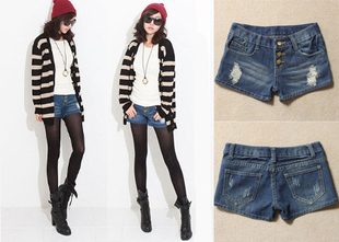 Mm plus size denim shorts autumn and winter female loose hole multi-button single-shorts basic shorts boot cut jeans