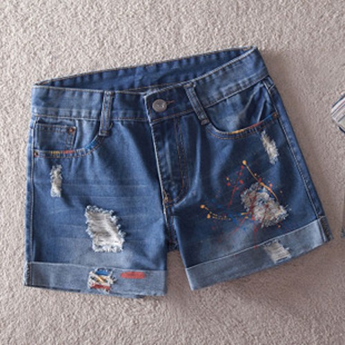 Mm plus size denim shorts autumn and winter female loose hole roll-up hem shorts basic shorts boot cut jeans