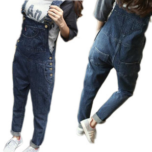 Mm plus size denim suspenders trousers loose casual all-match jumpsuit denim overalls female