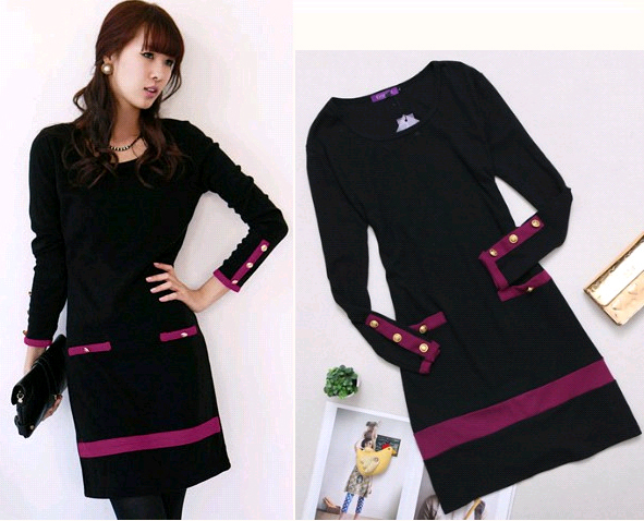 Mm2012 autumn elegant color block decoration slim one-piece dress plus size long-sleeve dress 613