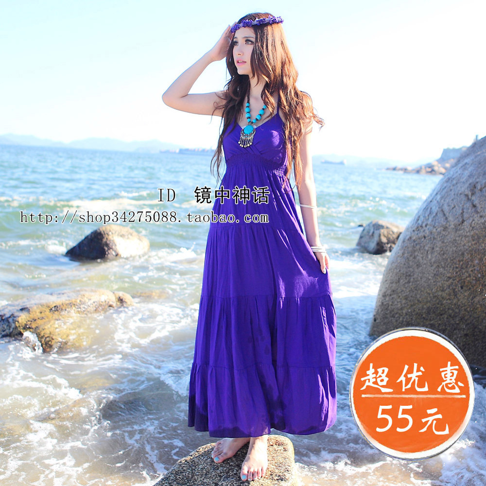 Mng bohemia ultra long V-neck 100% cotton beach full dress one-piece dress solid color purple free shipping