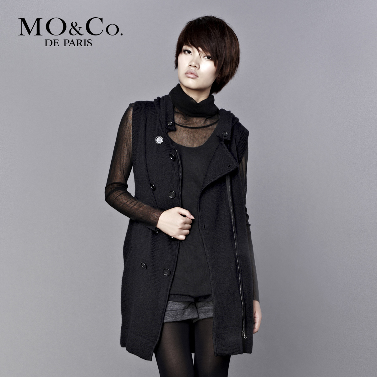 Mo & co . mormons autumn m103jey66 double breasted sweep with a hood sleeveless sweater moco celebrity dresses evening designer