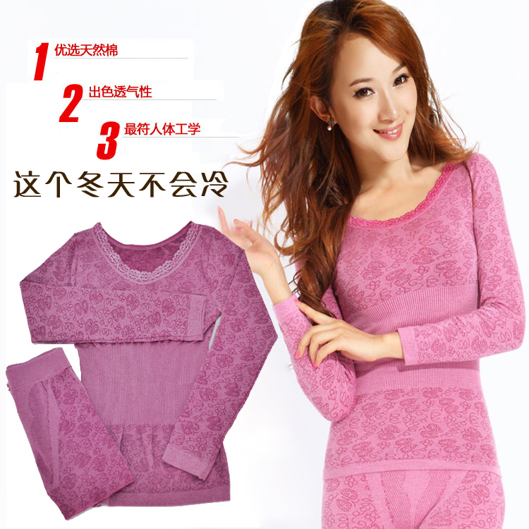 Modal 100% cotton thermal underwear female o-neck sexy lace decoration thermal clothing