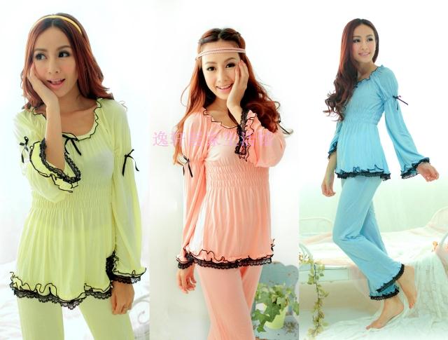 Modal sleepwear lace decoration bamboo fibre long-sleeve lounge set