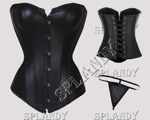 Model 2228 Sexy Black Synthetic Leather Corset Women Bustiers & Corsets Corset+G string 2-piece Lingerie