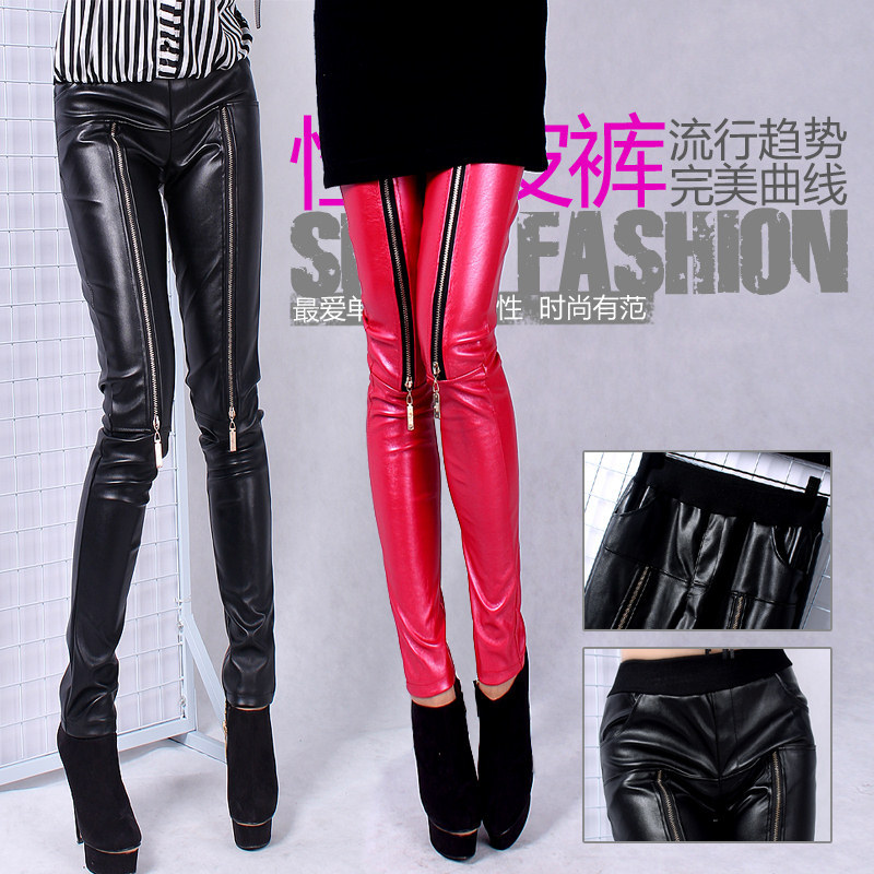 Modeling ! calf skin leather trousers tight elastic repair zipper PU pants fashion pencil pants free shipping