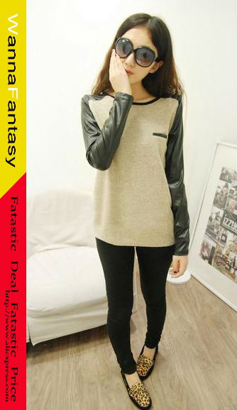 Modern Style Scoop Neck Mock Pocket Splicing Leather Long Sleeve Cotton Blend T-Shirt For Women