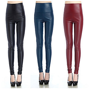 Month rabbit fashion sping high waist tight multicolour PU pants plus velvet thickening lengthen faux leather