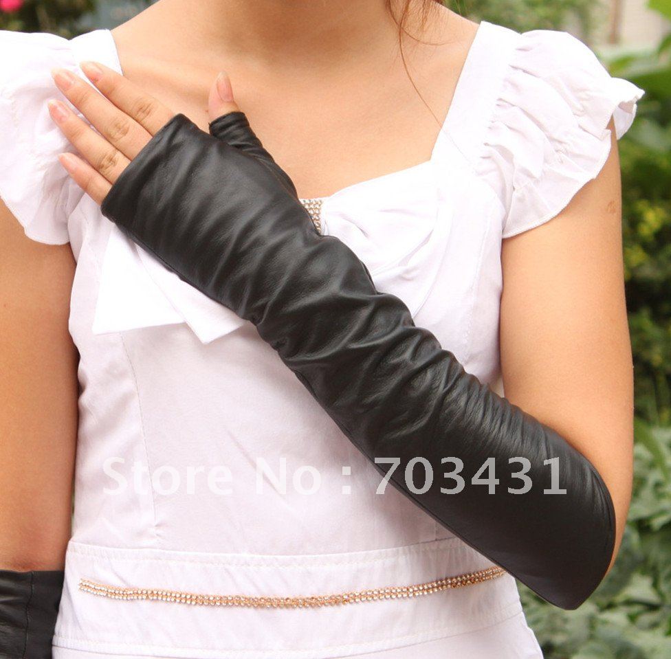 Moq=1,43CMblack lady's genuine leather glove,lambskin long half finger mitten,lady manicure gloves,free shipping,ID:F166