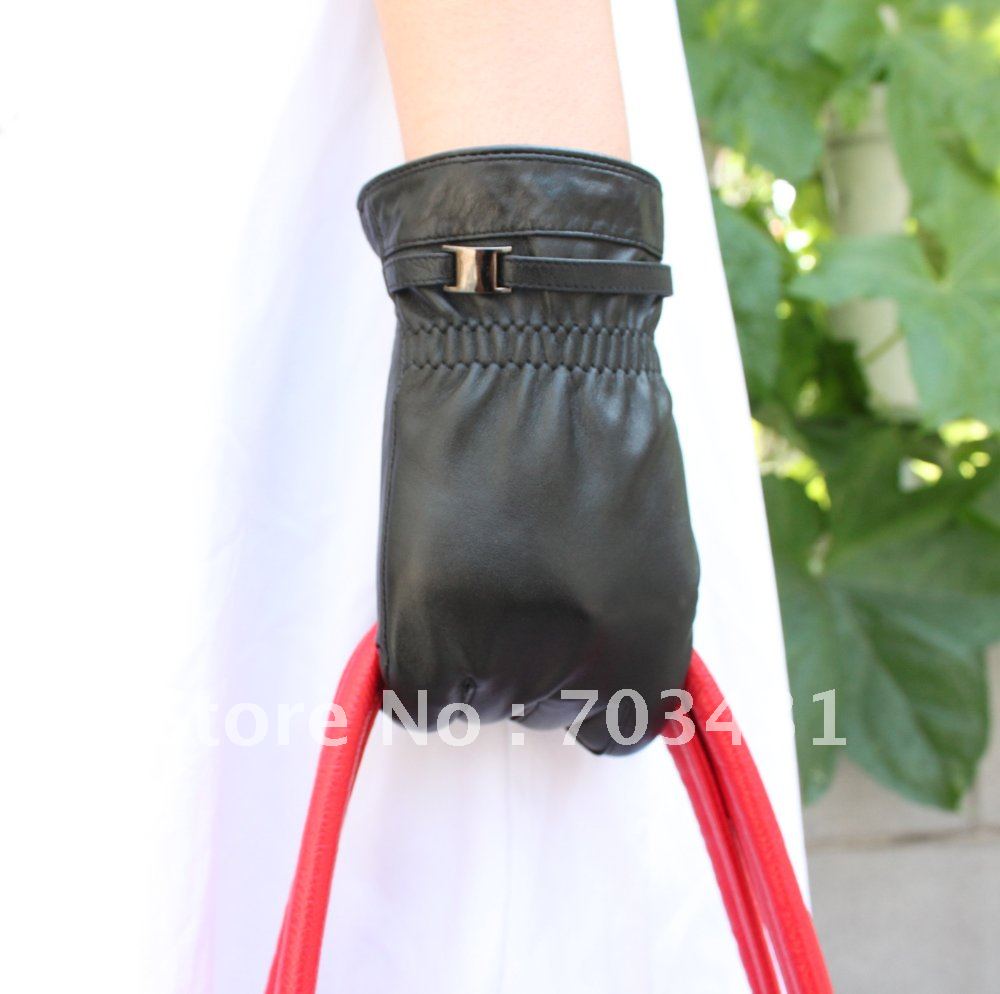 Moq=1,Lady's genuine leather glove,fashion black sheepskin belt gloves,sexy manicure gloves women,free shipping,ID:F183