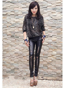 Motorcycle fashion placketing bands leather trousers costumes tight leather pants patchwork leather trousers women's