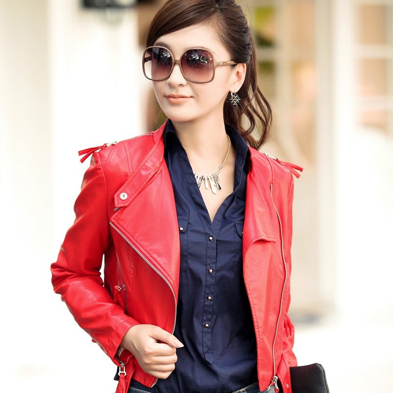 Motorcycle female leather clothing spring and autumn women's PU water washed leather outerwear jacket