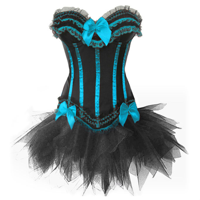 Moulin Rouge Lolita sexy corset FANCY DRESS black and navy blue left zipper lace up bustier evening prom puff skirt