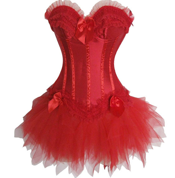 Moulin Rouge sexy red corset dress bow lace up bustier with cup evening prom puff skirt