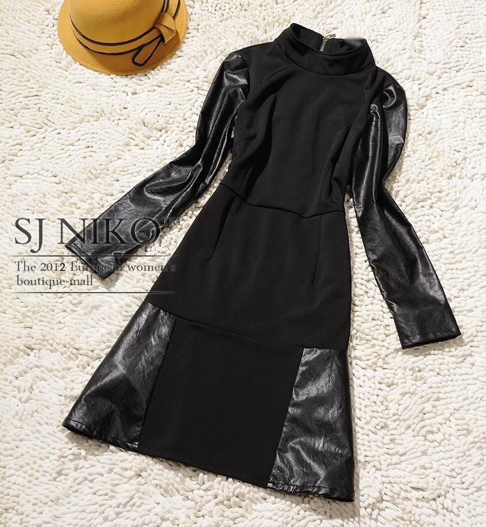 MS COLOR 2012 Winter Ladies' Fashion Patchwork Leather Dress, Women's Fashion Dress, High Quality Unique Dress HT1123