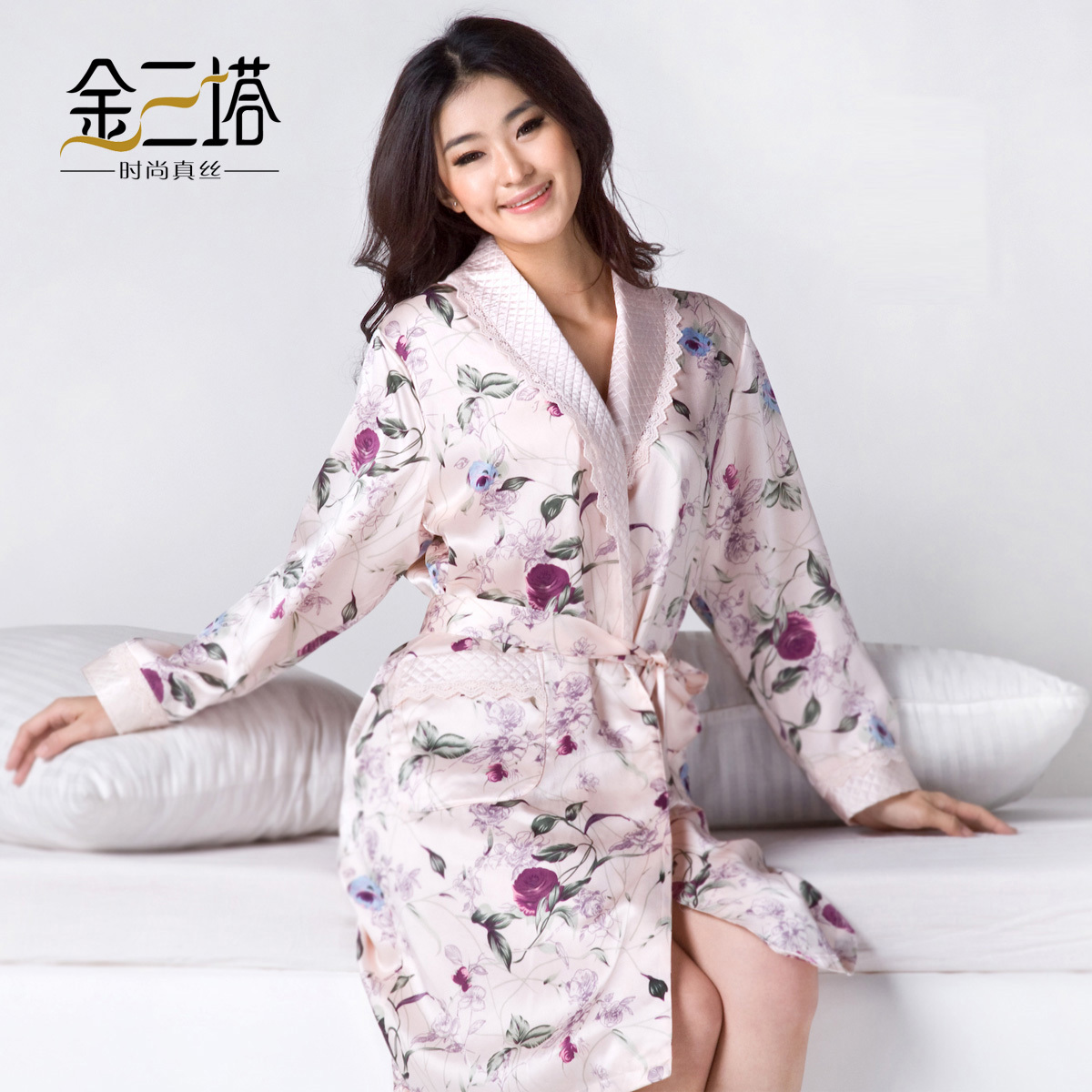 Mulberry silk female robe silk print winter robe