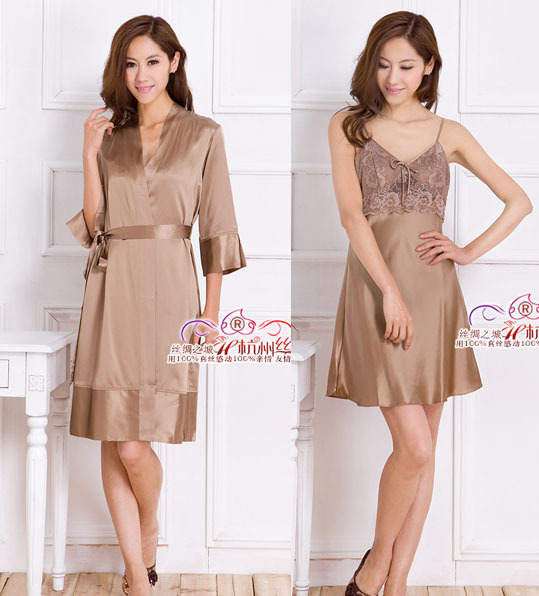 Mulberry silk female spring and autumn pure heavy silk spaghetti strap nightgown robe twinset