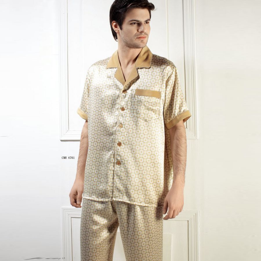 Mulberry silk heavy silk sleepwear cooked male charm short sleeve length pants set 6761 free shipping