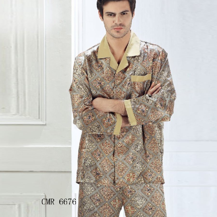 Mulberry silk heavy silk sleepwear male long sleeve length pants set 6676 free shipping