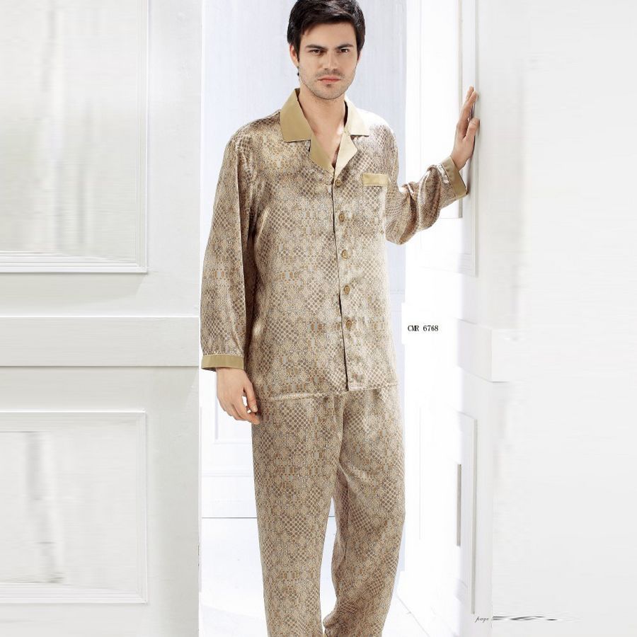 Mulberry silk heavy silk sleepwear male long sleeve length pants set 6768 free shipping