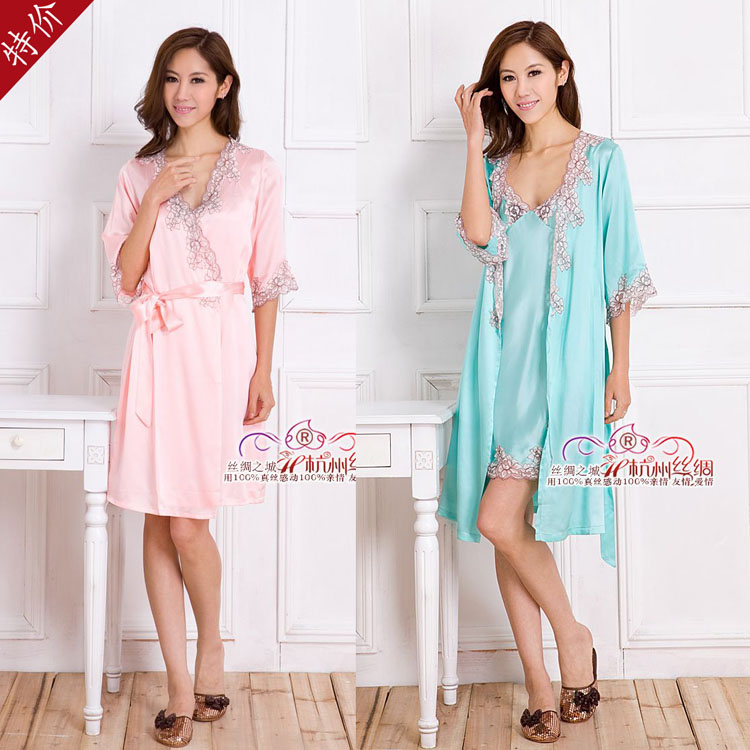 Mulberry silk heavy silk sleepwear robe set female spring and autumn sexy lace spaghetti strap nightgown