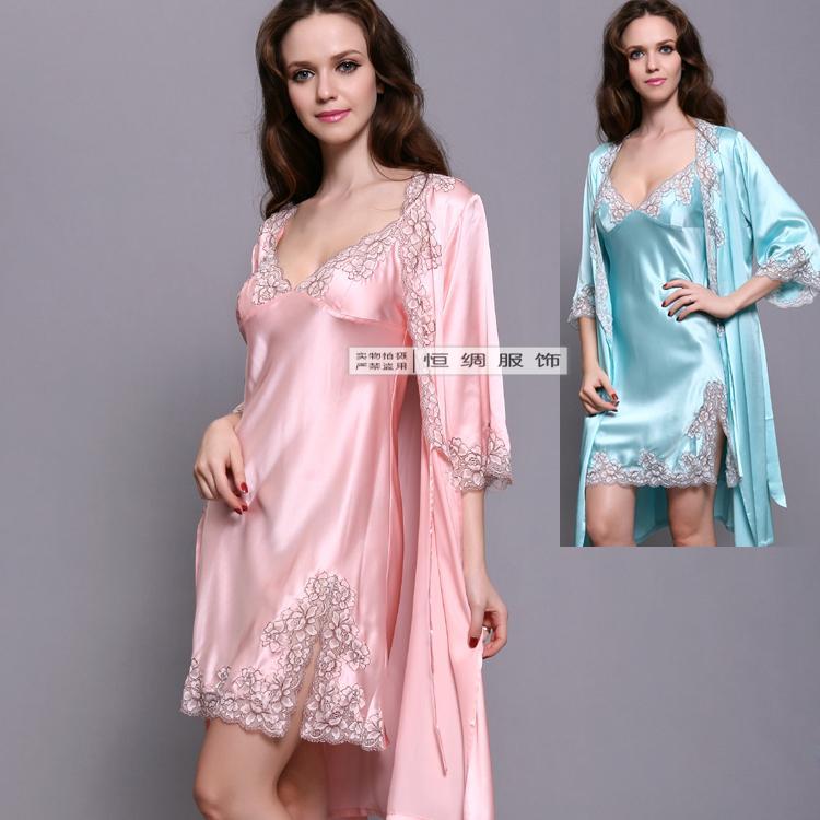 Mulberry silk heavy silk sleepwear women's spring and summer spaghetti strap nightgown robe twinset 8035