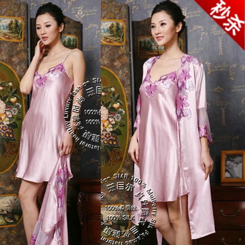 Mulberry silk sleep set sexy silk spaghetti strap nightgown robe twinset women's