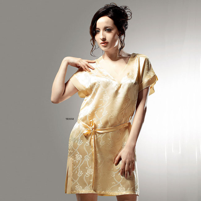 Mulberry silk sleepwear female V-neck short-sleeve slim waist loose silk nightgown