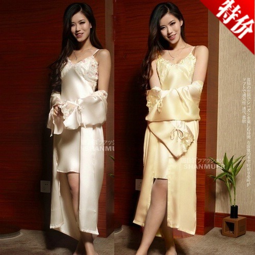 Mulberry silk sleepwear sexy spaghetti strap nightgown silk robe twinset female sm5820