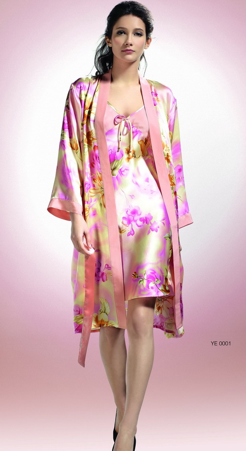 Mulberry silk sleepwear spaghetti strap robe 2 chromophous ye001 piece set