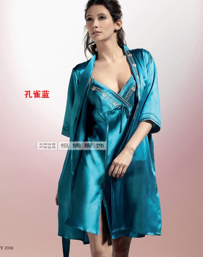 Mulberry silk sleepwear women's spring and summer spaghetti strap nightgown robe twinset lounge 2056