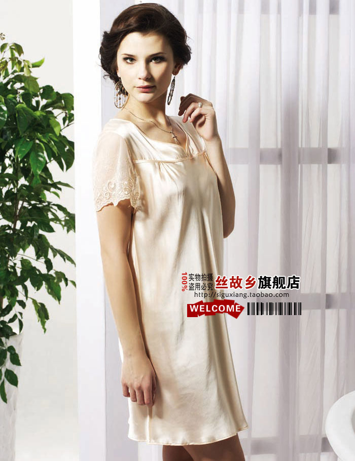 Mulberry silk sleepwear women's summer lace short-sleeve o-neck heavy silk nightgown