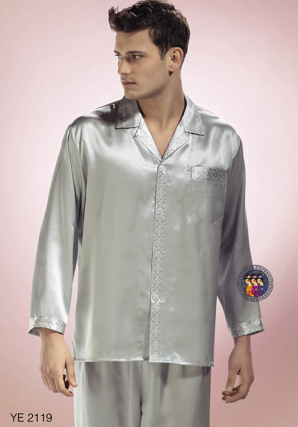 Mulberry silk solid color bordered male silk long-sleeve sleep set 2119