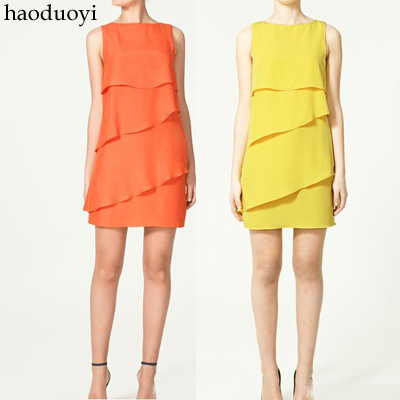 Multi-layer layered dress ol chiffon irregular ruffle sleeveless one-piece dress candy color princess dress 3 6