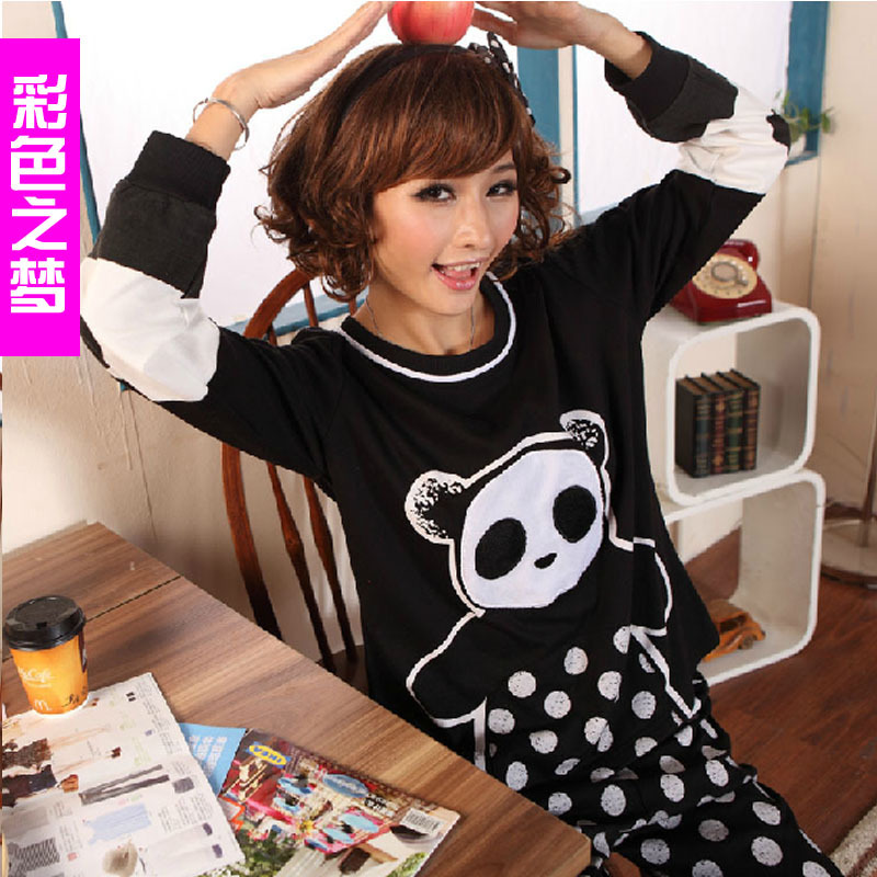 Multicolour 2012 autumn and winter cotton women's long-sleeve black polka dot sleepwear Women lounge set