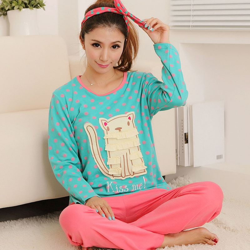 Multicolour 2012 autumn and winter knitted cotton women's long-sleeve cartoon polka dot kitten sleepwear lounge set